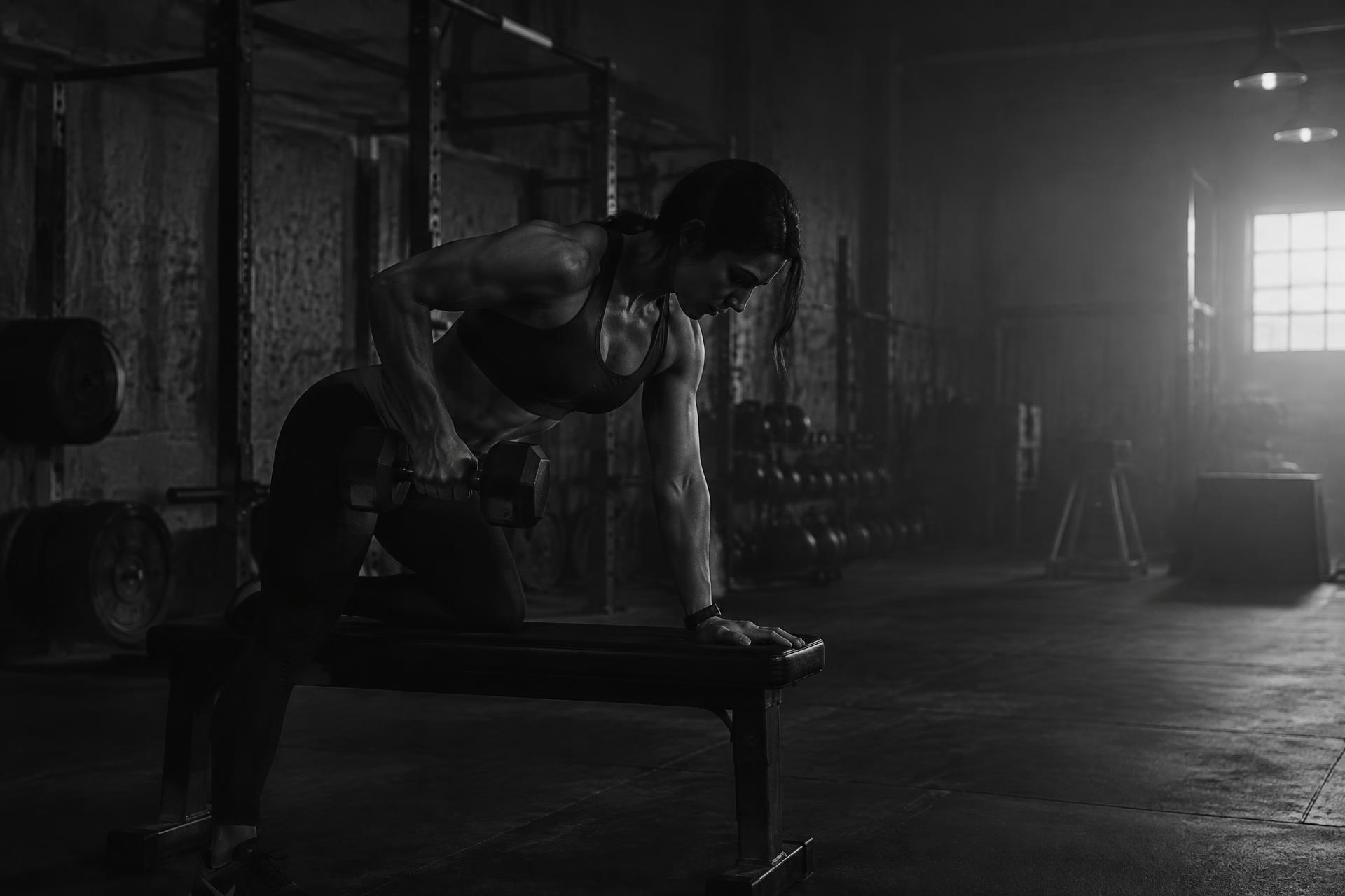 Athlete training with a dumbbell in a dimly lit gym